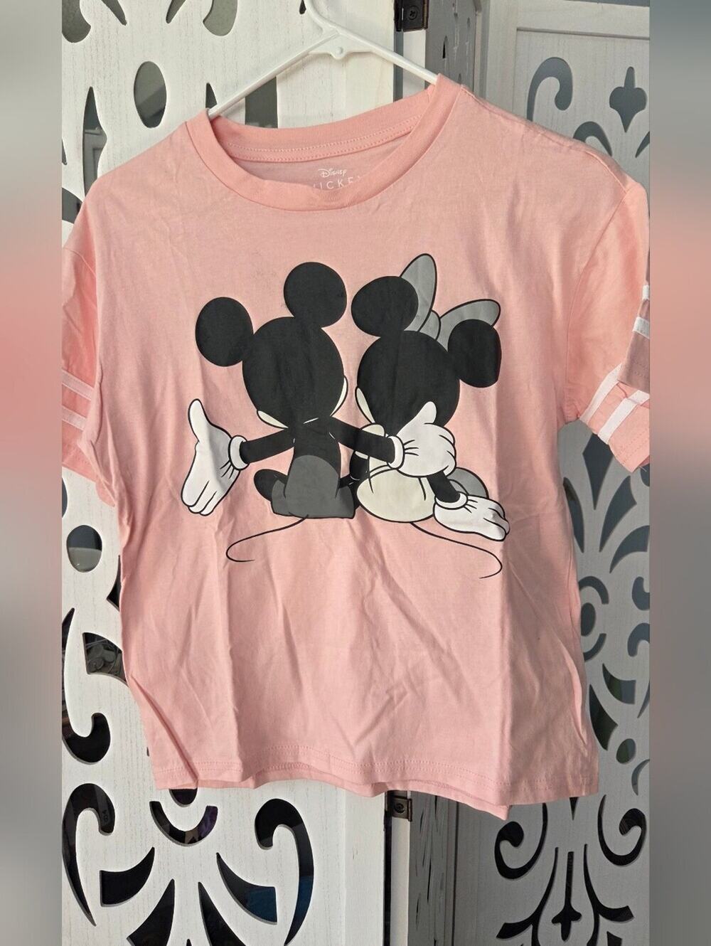 Disney Mickey Mouse Graphic Tee Pink Womens XS NWOT Varsity Stripe Short Sleeve